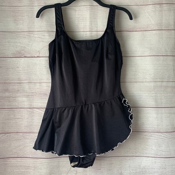 Vintage Black One Piece Skirted Swimsuit or Swimdress White Trim Built-in Cups - Picture 1 of 16